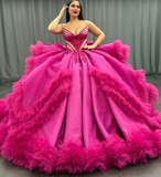 Princess Hot Pink Quinceanera Dresses Beaded Appliques Tulle Sweet 16 Party Prom Ball Gown HZ1023