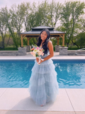 Light Blue Tulle Layered Long Prom Dress Elegant Evening Dress HZ1023