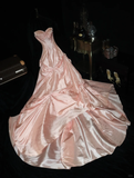Princess A Line Sweetheart Neck Beaded Pink Satin Prom Dress Evening Dress HZ1023