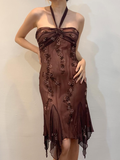 Vintage Sheath Halter Beaded Brown Chiffon Short Homecoming Dress Evening Dress HZ1023