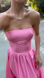Classic Pink A-line Strapless Side Slit Long Party Prom Dresses HZ1023