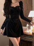 Black French Vintage Velvet Dress Women Elegant Evening Party Mini Dress HZ1023