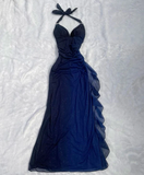 Halter Ombre Navy Blue Long Chiffon Prom Dress HZ1023