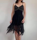 Vintage A Line Spaghetti Straps Beaded Blak Chiffon Prom Dress Evening Dress HZ1023
