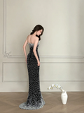 Unique Pearl Mermaid Sweetheart Neck Black Satin Long Date Dress Evening Dress Prom Dress HZ1023