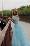 Sky Blue Princess Slit Evening Dress Feathers Straps Tulle Beaded Tiered Long Prom Dress HZ1023
