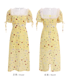 Cute A Line Puff Print Floral Lace Yellow Chiffon Summer Dress Party Dress Outfits HZ1023