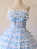 Vintage Blue Ball Gown Sweetheart Neck Layered Lace Tulle Prom Dress 16th Birthday Dress HZ1023