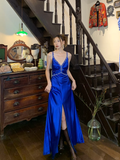 Vintage A Line Halter Beaded Dark Blue Satin Open Back Prom Dress Evening Dress with Slit HZ1023