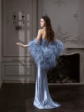 Blue Sheath Strapless Feather Rhinestone Satin Long Prom Dress 16th Birthday Dress HZ1023