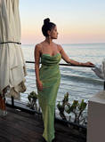 Stunning Green Sheath Spaghetti Strap Satin Long Prom Dress Party Dress HZ1023