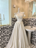 White Classy Ball Gown Off the Shoulder Pearl Satin Long Prom Dress Wedding Dress HZ1023