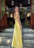 Simple Yellow A Line Spaghetti Strap Satin Date Dress Prom Dress Evening Dress Outfits HZ1023