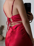 Sexy A Line Spaghetti Straps Red Satin Open Back Long Prom Dress Evening Dress HZ1023