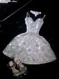 Shiny A Line Spaghetti Strap Rhinestone Tulle Short Prom Dress Graduation Prom Dress HZ1023