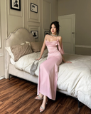 Simple Mermaid Spaghetti Strap Pink Satin Backless Party Dress Evening Dress HZ1023