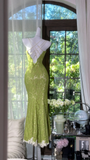 Green Mermaid Spaghetti Strap Lace Prom Dress Wedding Guest Dress with Slit HZ1023