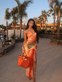 Orange Sheath Spaghetti Strap Feather Satin Prom Dress Vacation Dress with Slit HZ1023