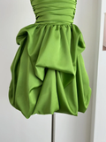 Simple A Line Strapless Pleated Green Satin Short Homecoming Dress Cocktail Dress HZ1023