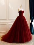 Burgundy Strapless Sleeveless Beading Tulle Prom Dress HZ1023