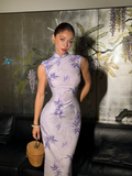 Purple Cheongsam Sheath High Neck Satin Prom Dress Wedding Guest Dress with Slit HZ1023
