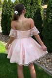 Off Shoulder Short Pink Lace Graduation Homecoming Dresses ,Prom Dresses HZ1023