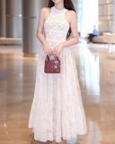 Elegant White A Line Round Neck Lace Long Prom Dress Evening Dress HZ1023