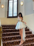 Baby Blue A Line Sweetheart Neck Tulle Short Homecoming Dress Birthday Dress with Bow HZ1023