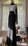 Shiny Sheath Strap Black White Beaded Chiffon Long Open Back Prom Dress Evening Dress HZ1023