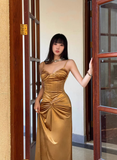 Golden A Line Spaghetti Strap Pleated Velvet Prom Dress Party Dress HZ1023