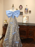 Stunning Blue Bow A Line Strapless Silver Sequin Long Prom Dress Evening Dress HZ1023