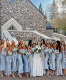 Simple Baby Blue Sheath Strapless Satin Long Bridesmaid Dress Evening Dress HZ1023