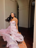 Princess A Line Sweetheart Neck Corset Appliques Pink Tulle Prom Dress Evening Dress HZ1023
