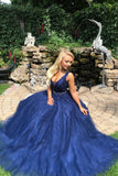 V Neck Open Back Blue Lace Long Prom Dresses Evening Dresses HZ1023
