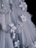 Unique A Line Long Sleeve Flower Tiered Tulle Long Party Dress Evening Dress Ball Gown HZ1023