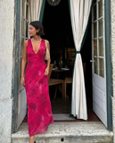 Charming Deep V Neck Satin Print Floral Long Evening Gown Prom Dress HZ1023