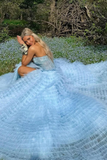 Gentle A Line Strapless Appliques Tiered Blue Tulle Prom Dress Evening Dress HZ1023