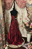 Vintage Burgundy Ball Gown Strapless Pleated Yellow Beaded Satin Long Prom Dress Evening Dress HZ1023