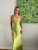 Simple Sheath Spaghetti Strap Green Satin Long Prom Dress Graduation Prom Dress HZ1023