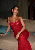 Sexy Red Sheath Spaghetti Strap Lace Long Prom Dress Evening Dress HZ1023