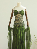 Green A Line Spaghetti Strap Beaded Chiffon Prom Dress 18th Birthday Dress HZ1023