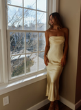 Light Yellow Sheath Strapless Satin Open Back Prom Dress Evening Dress HZ1023