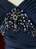 Retro Navy Blue A Line Spaghetti Strap Beaded Appliques Satin Prom Dress Evening Dress HZ1023