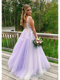 Purple Tulle Appliques V Neck Prom Dresses HZ1023