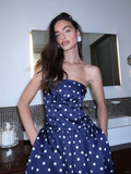 Vintage A Line Strapless White Polka Dot Blue Satin Prom Dress Evening Dress HZ1023