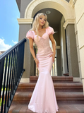 Princess Pink Mermaid Puff Lace Satin Prom Dress Cocktail Dress HZ1023