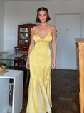 Stunning Mermaid Spaghetti Straps Yellow Chiffon Satin Prom Dress Evening Dress HZ1023