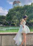 Baby Blue A Line Sweetheart Neck Tulle Short Homecoming Dress Birthday Dress with Bow HZ1023