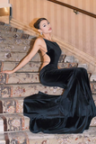 Black Mermaid Velvet Open Back Long Prom Dress Wedding Guest Dress HZ1023