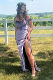 Purple Mermaid Off-the-shoulder Velvet Long Corset Prom Dress with Slit HZ1023